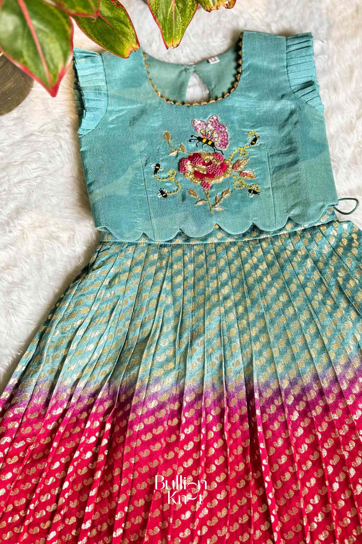 Baby Raspberry Lehenga Set In Aqua & Red