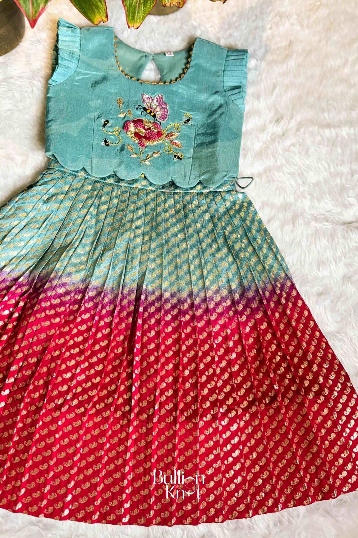 Baby Raspberry Lehenga Set In Aqua & Red