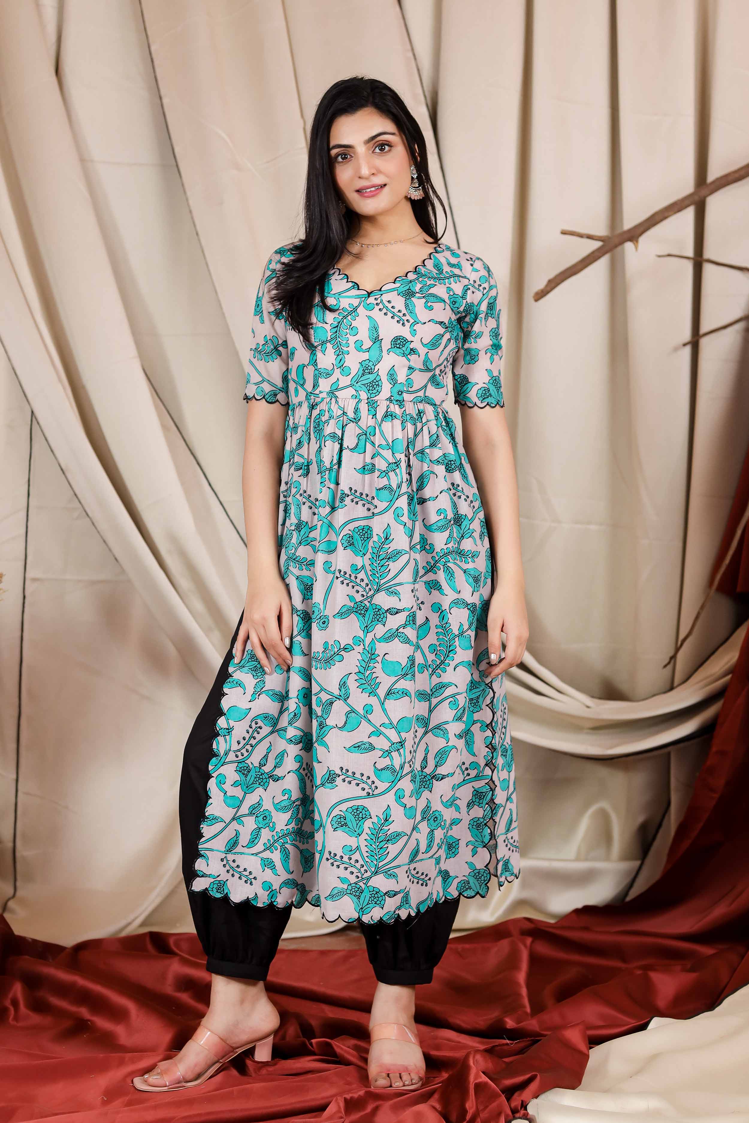 Beige & Sky Blue Riya Kalamkari Kurta Set - Bullionknot