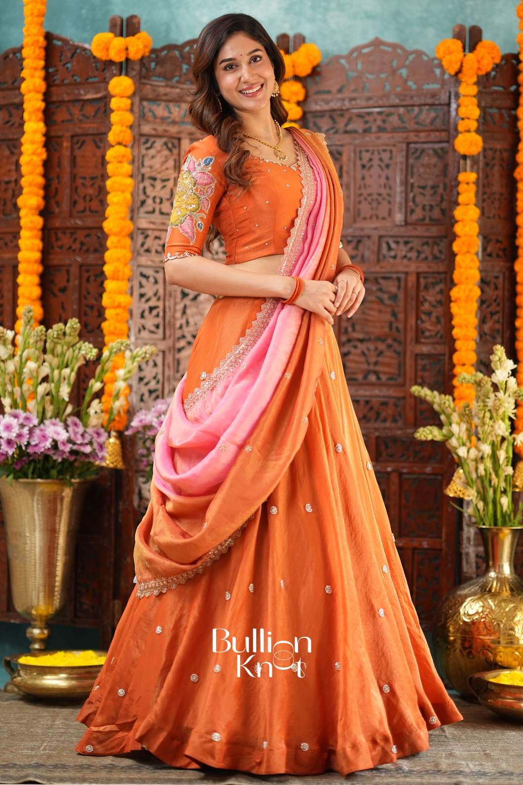 Rudhira | Rusty Orange Golden Tissue Lehenga Set for Celebrations