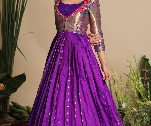 Buy Banarasi Dresses for women |Banarasi Jacket Gown Dress with Trendy Scoop Neckline | Sachika Pethani Banarasi Jacket Purple Gown Dress|Elegant Women's Wear| Buy Banarasi Dresses for women |Banarasi Jacket Gown Dress with Trendy Scoop Neckline | Sachika Pethani Banarasi Jacket Purple Gown Dress|Elegant Women's Wear|