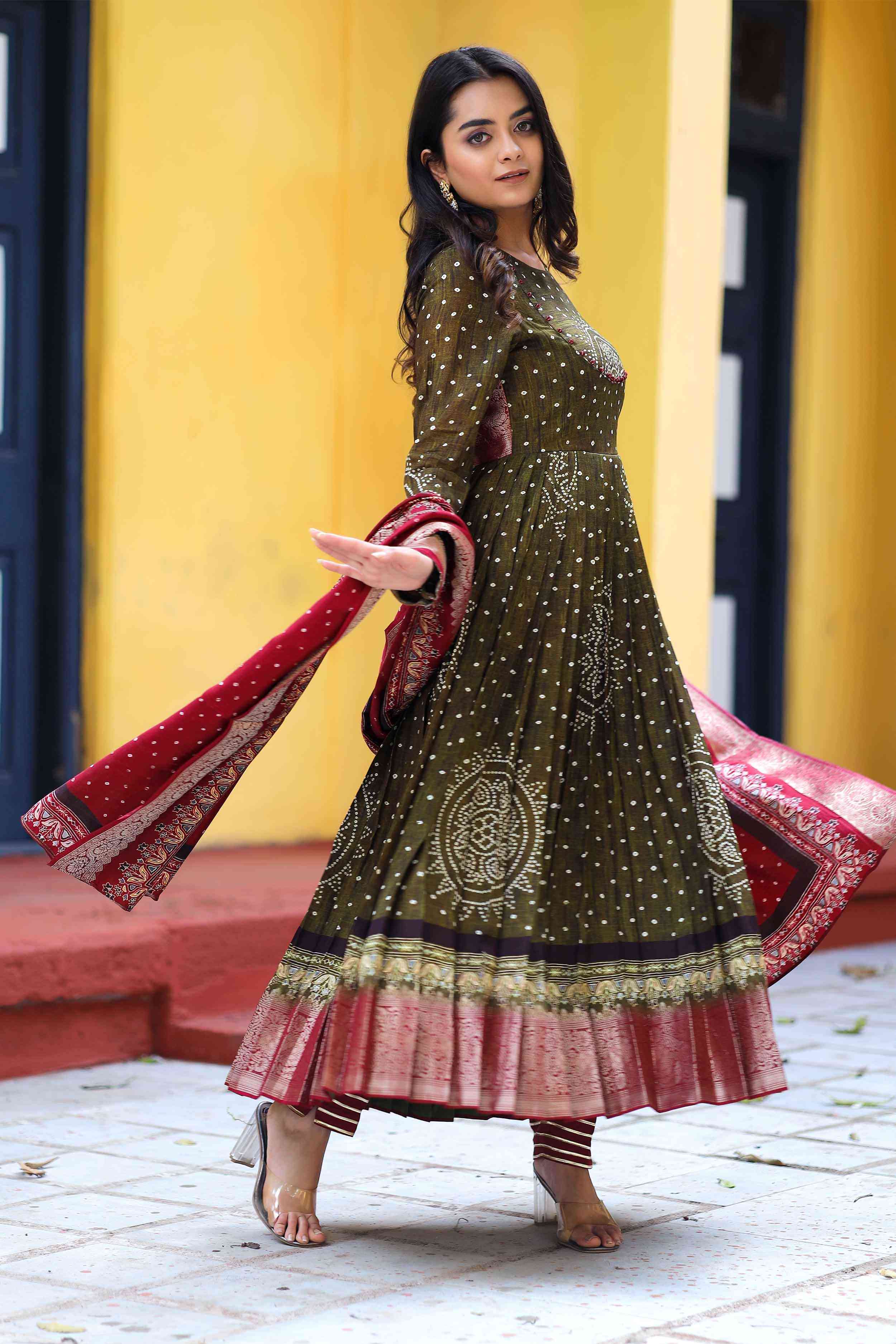 Mehandi Green and Merrun silk Anarkali suit