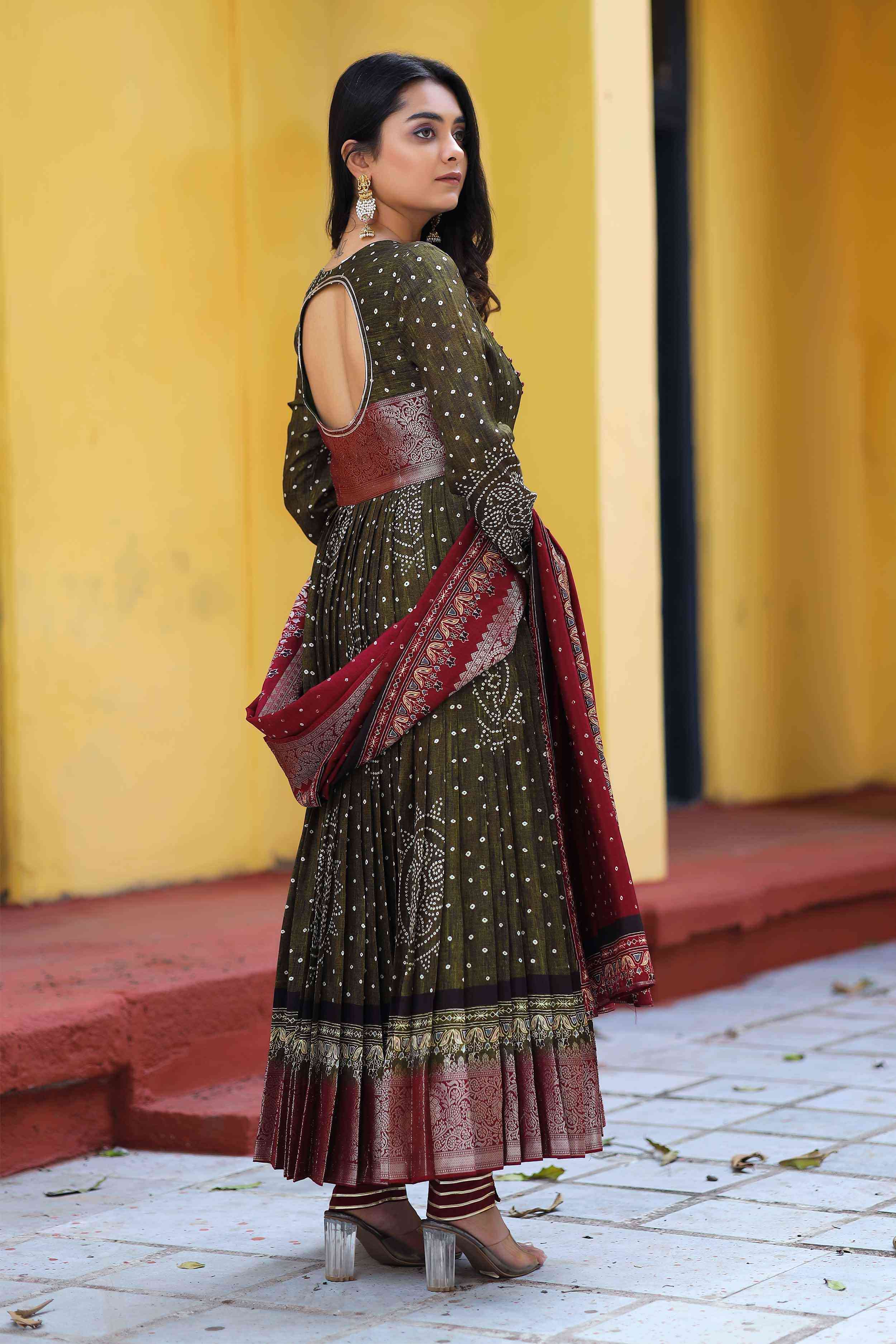 Mehandi Green and Merrun silk Banarasi suit