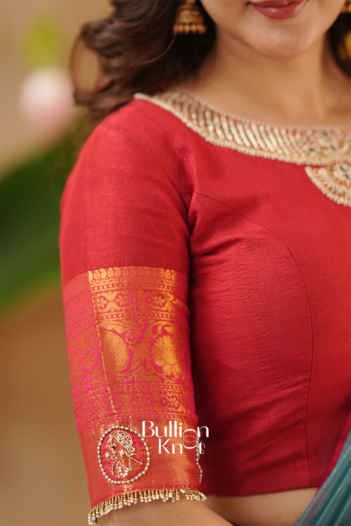 Blouse sleeve hand embroidery featuring fine bead and thread detailing