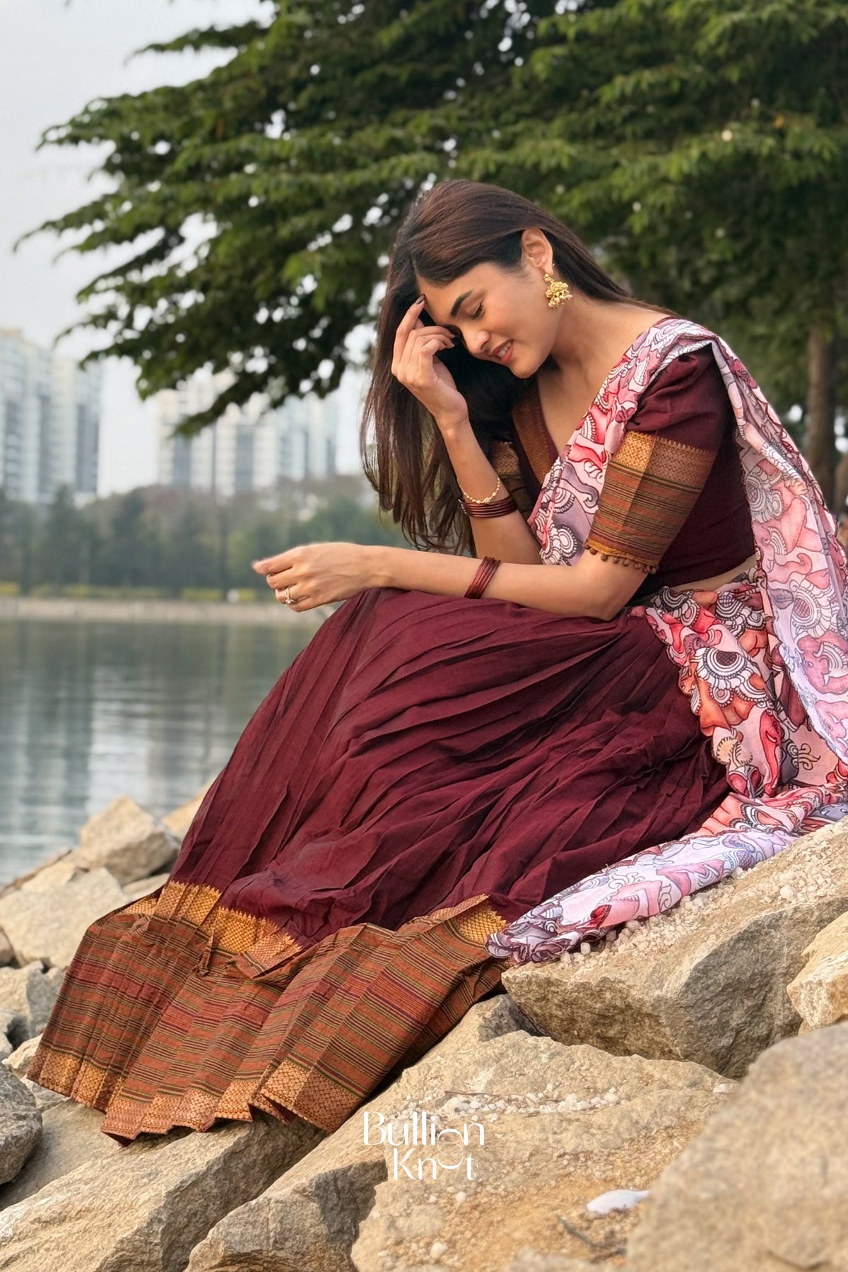 Saumya Kalamkari Handloom Half Saree Maroon Lehenga