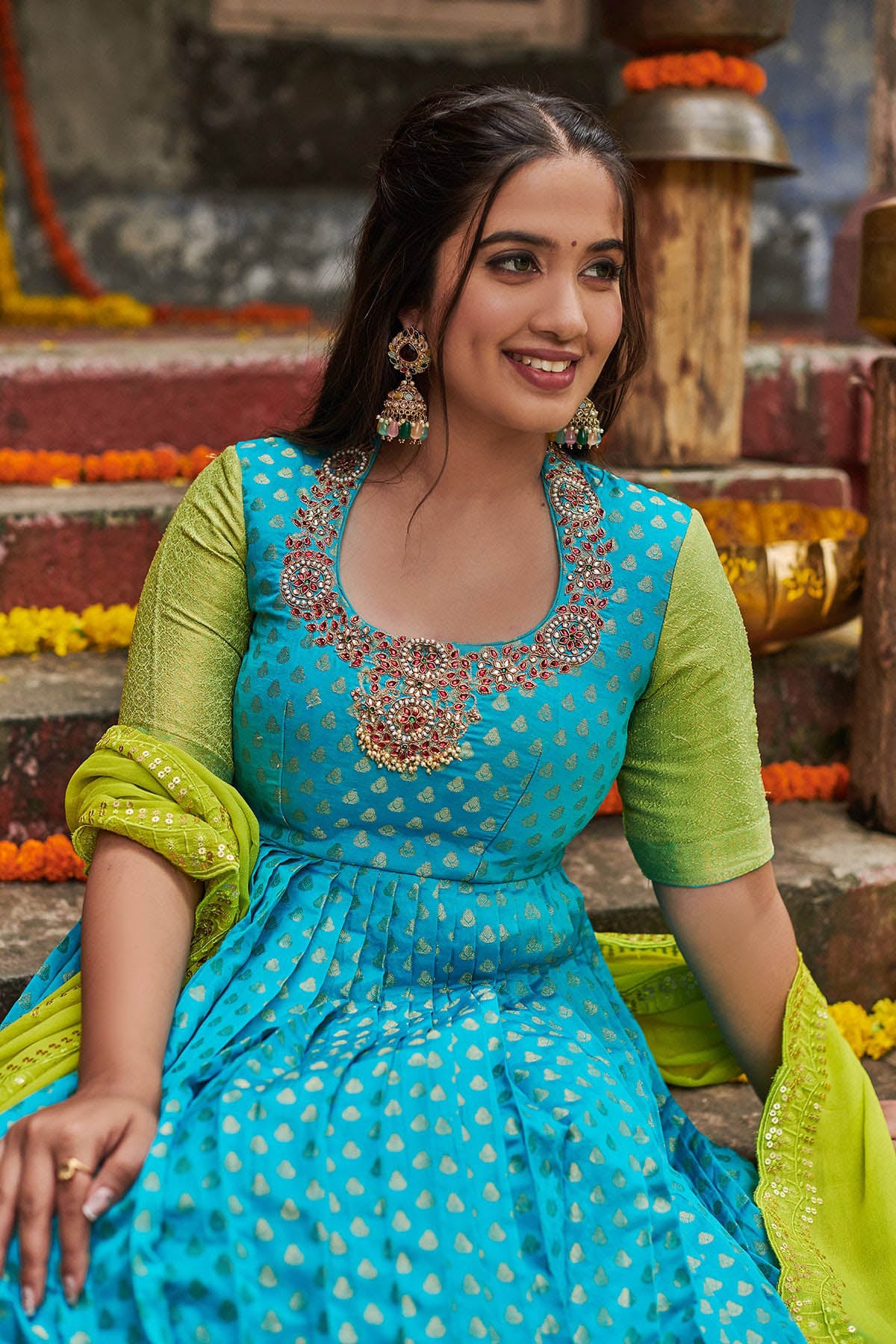 a woman in Blue Bnarasi Dress