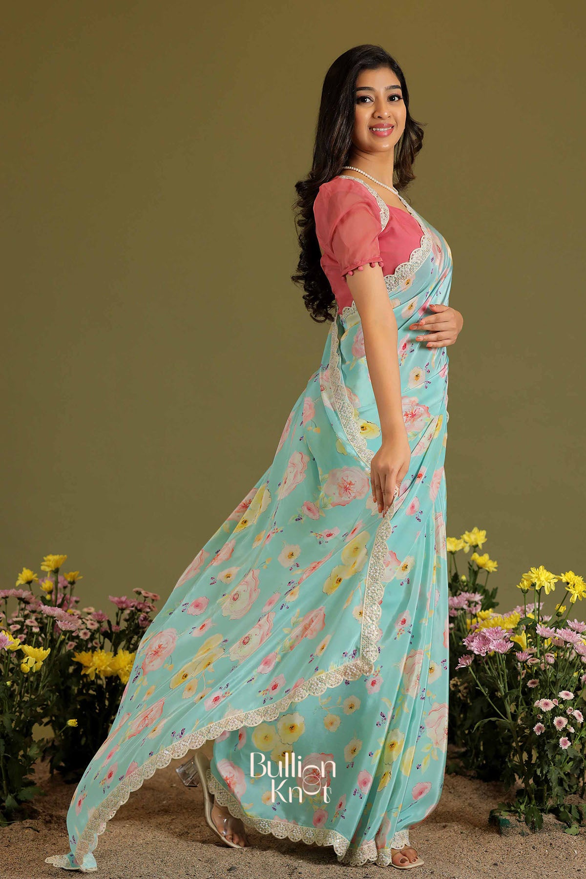 Senorita Retro Print Saree in Sky Blue