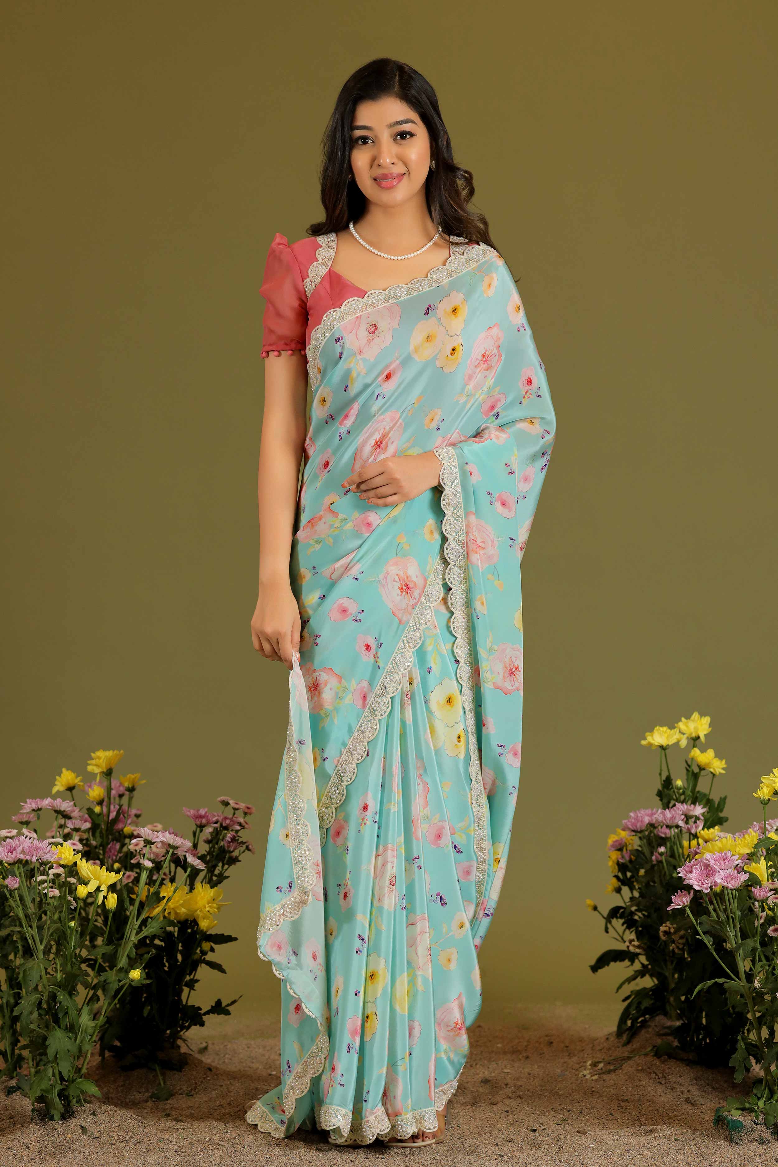 Senorita Retro Print Saree in Sky Blue