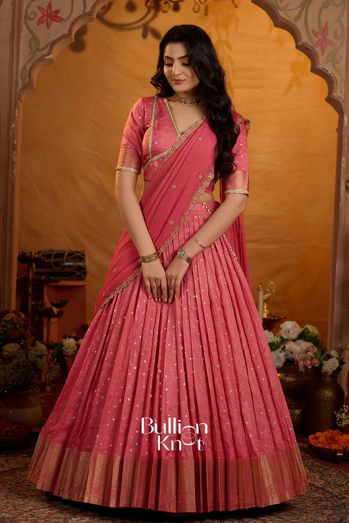 Peetal Gulabi Viscose Dola Lehenga Set In Pink