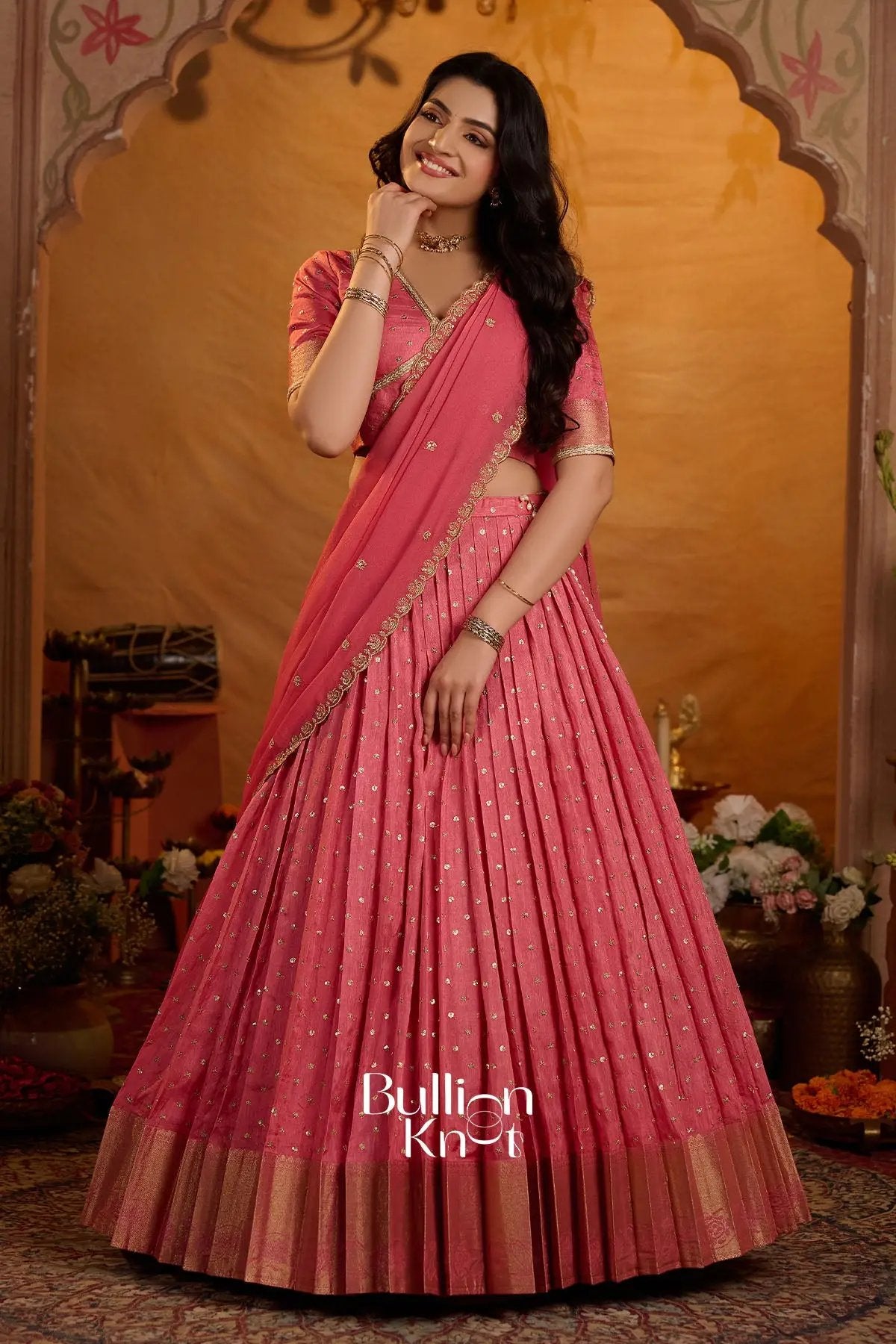 Peetal Gulabi Viscose Dola Lehenga Set In Pink