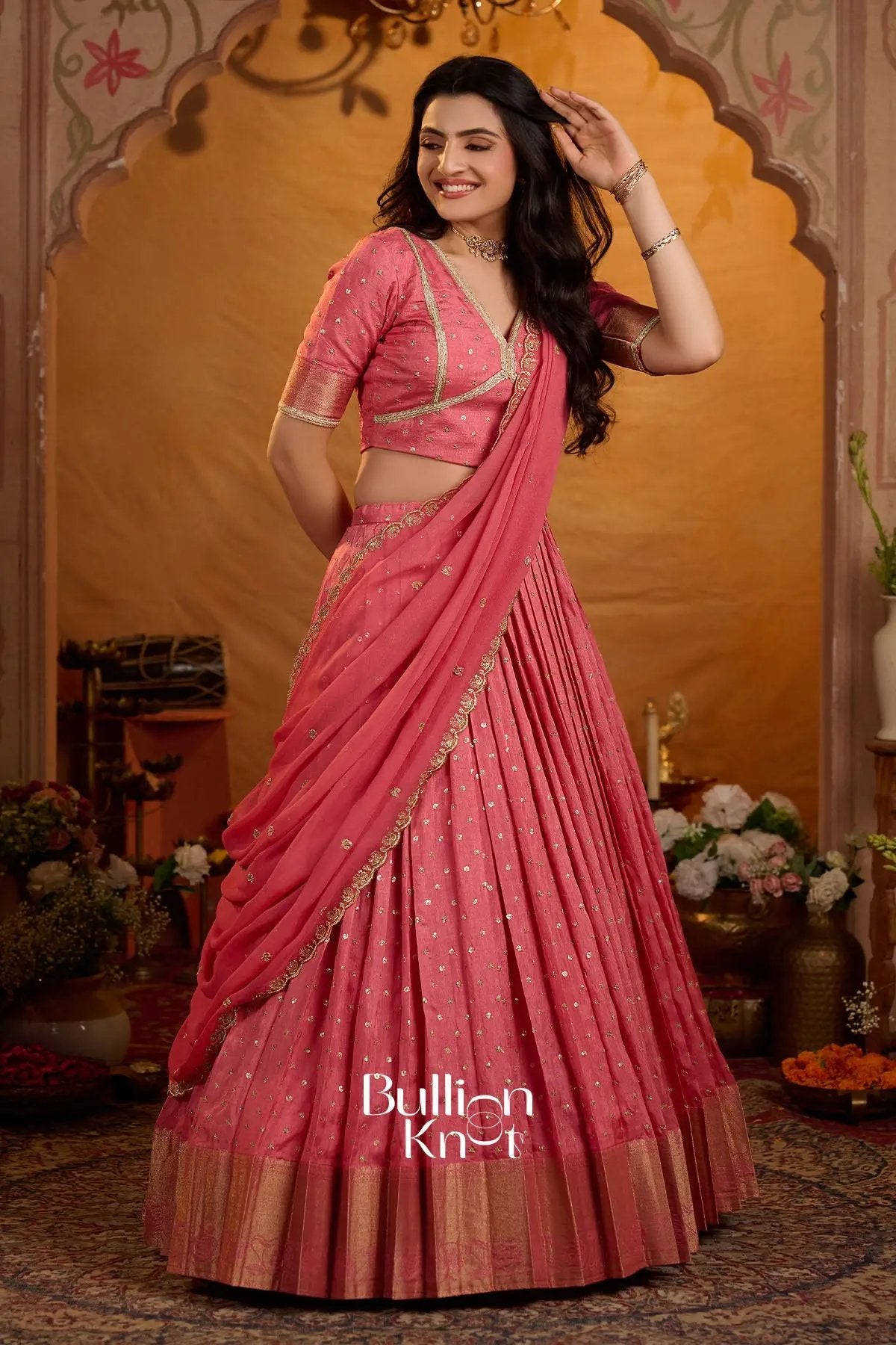 Peetal Gulabi Viscose Dola Lehenga Set In Pink