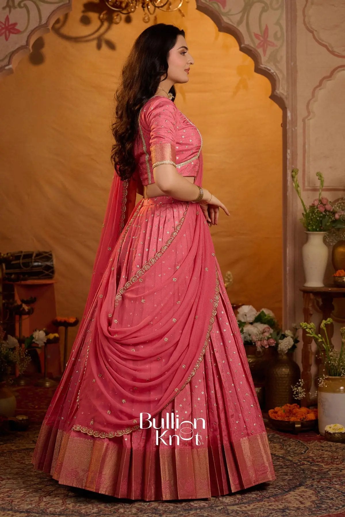 Peetal Gulabi Viscose Dola Lehenga Set In Pink