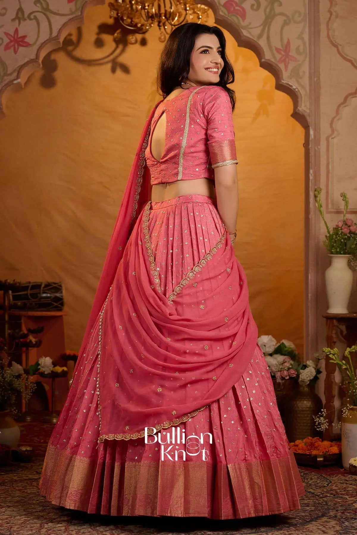 Peetal Gulabi Viscose Dola Lehenga Set In Pink