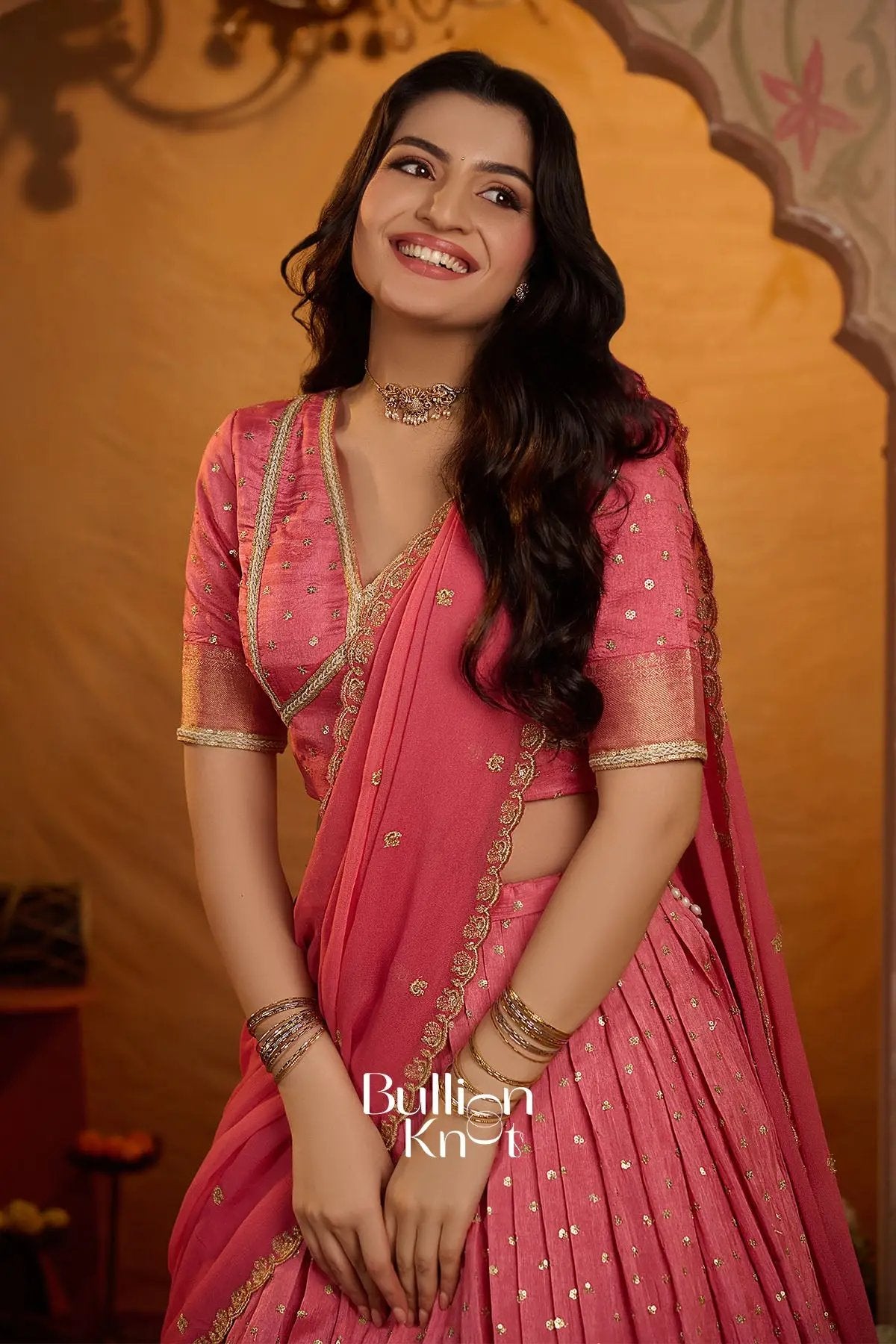 Peetal Gulabi Viscose Dola Lehenga Set In Pink