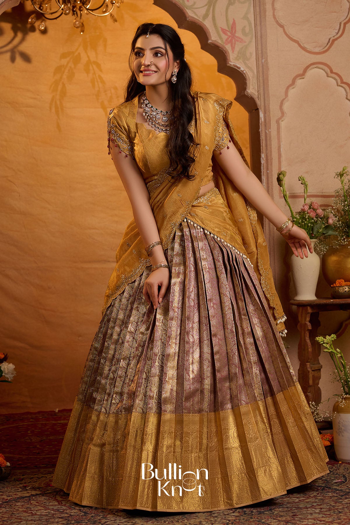 Hemanjali Banarasi Silk Lehenga Set In Golden