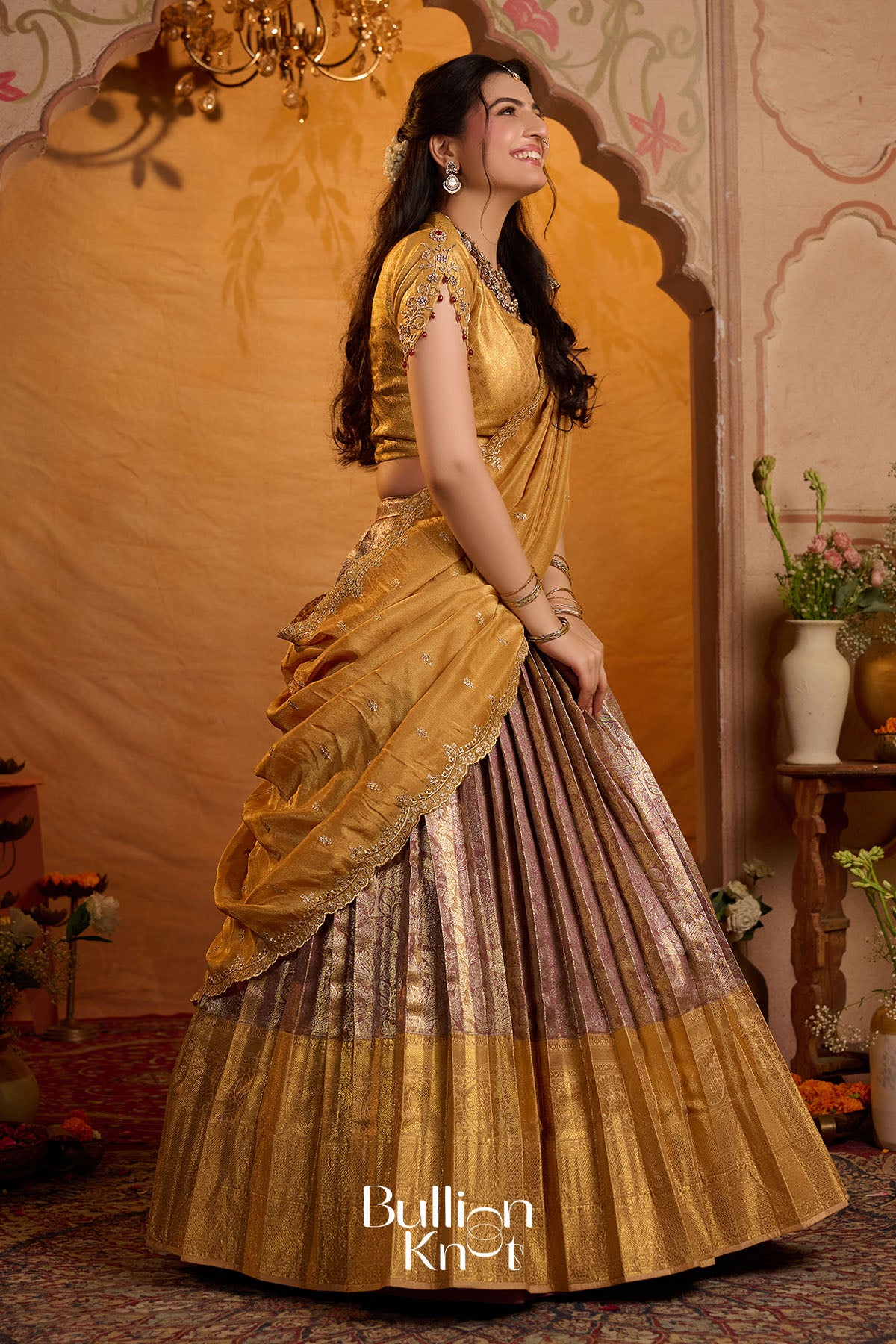 Hemanjali Banarasi Silk Lehenga Set In Golden