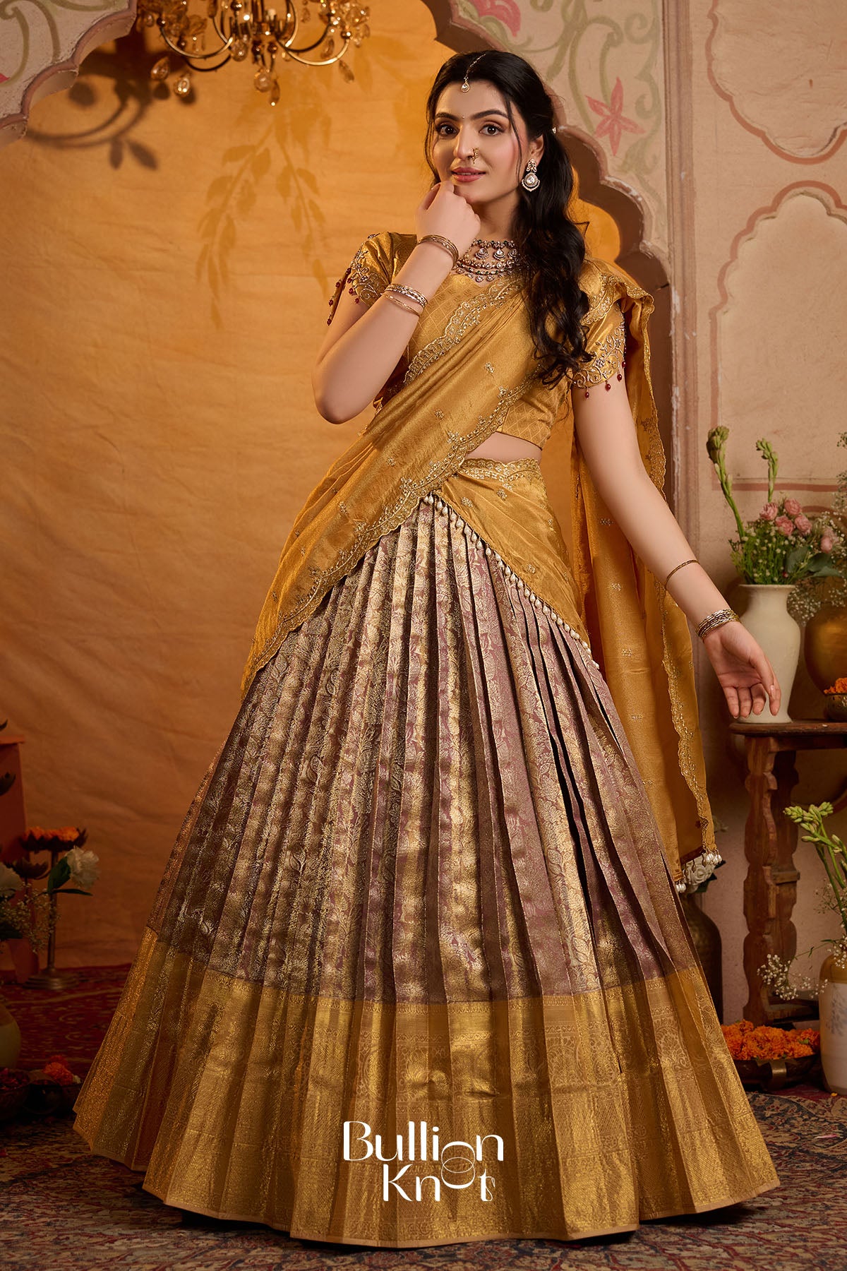 Hemanjali Banarasi Silk Lehenga Set In Golden