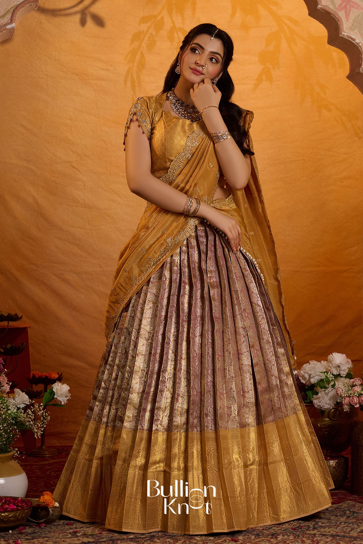Hemanjali Banarasi Silk Golden Lehenga Set