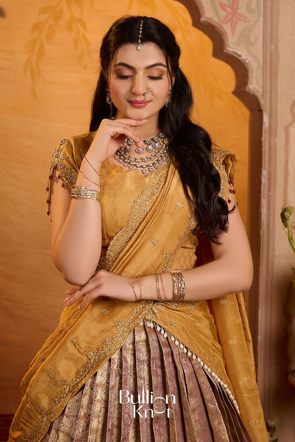 Hemanjali Banarasi Silk Golden Lehenga Set