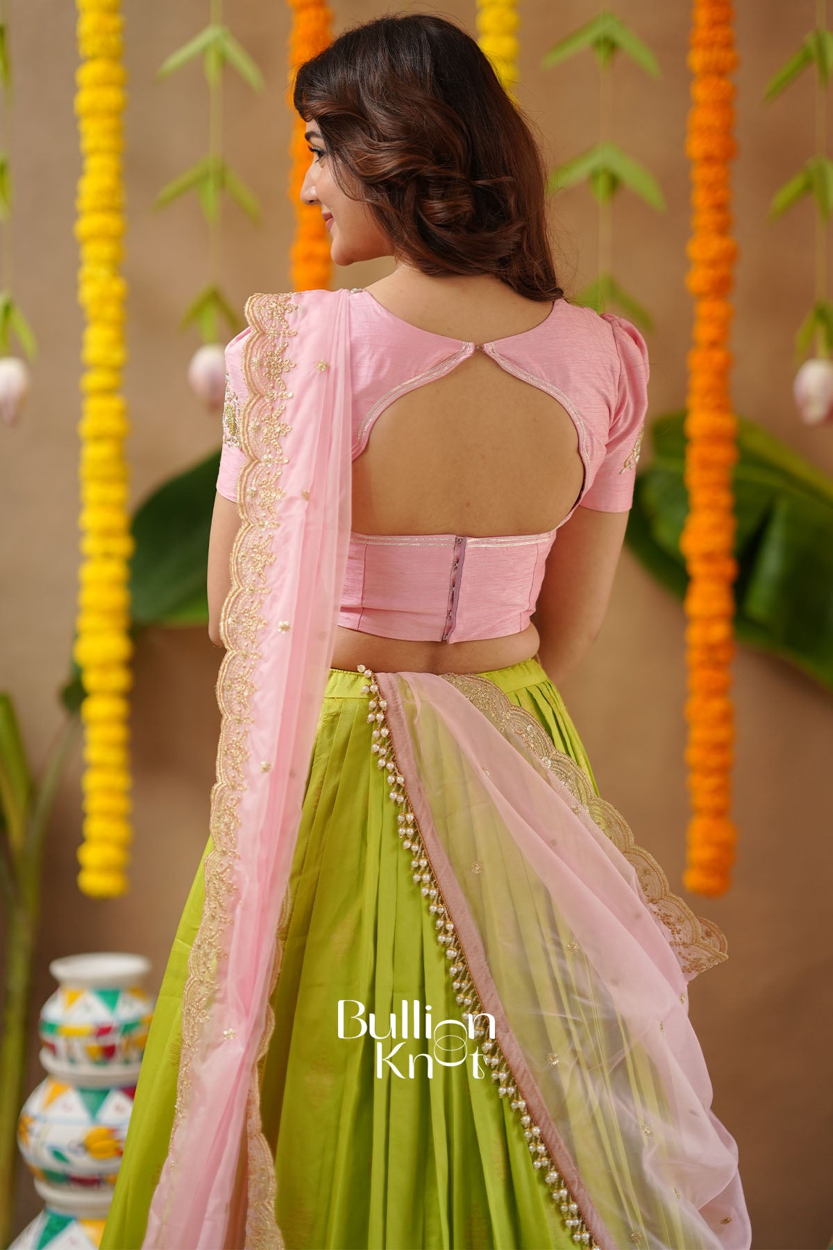 Back design of Soft Silk Lime Green blouse