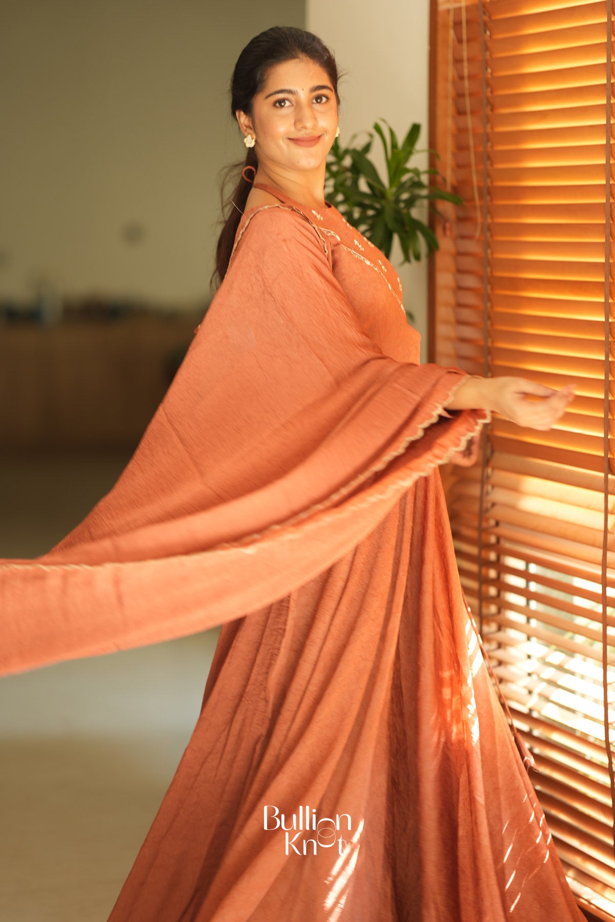 Sumedha Crush space silk Dress in Rust