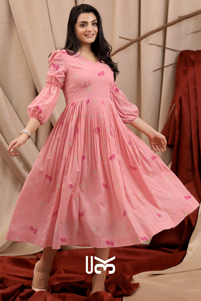 Cosmos Summer Pink Cotton Midi Dress