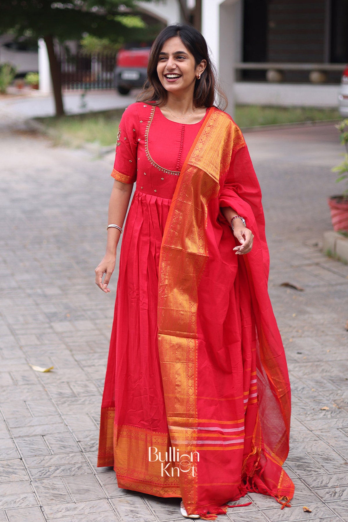 Sutrangi Handloom Anarkali (Dress) in Red