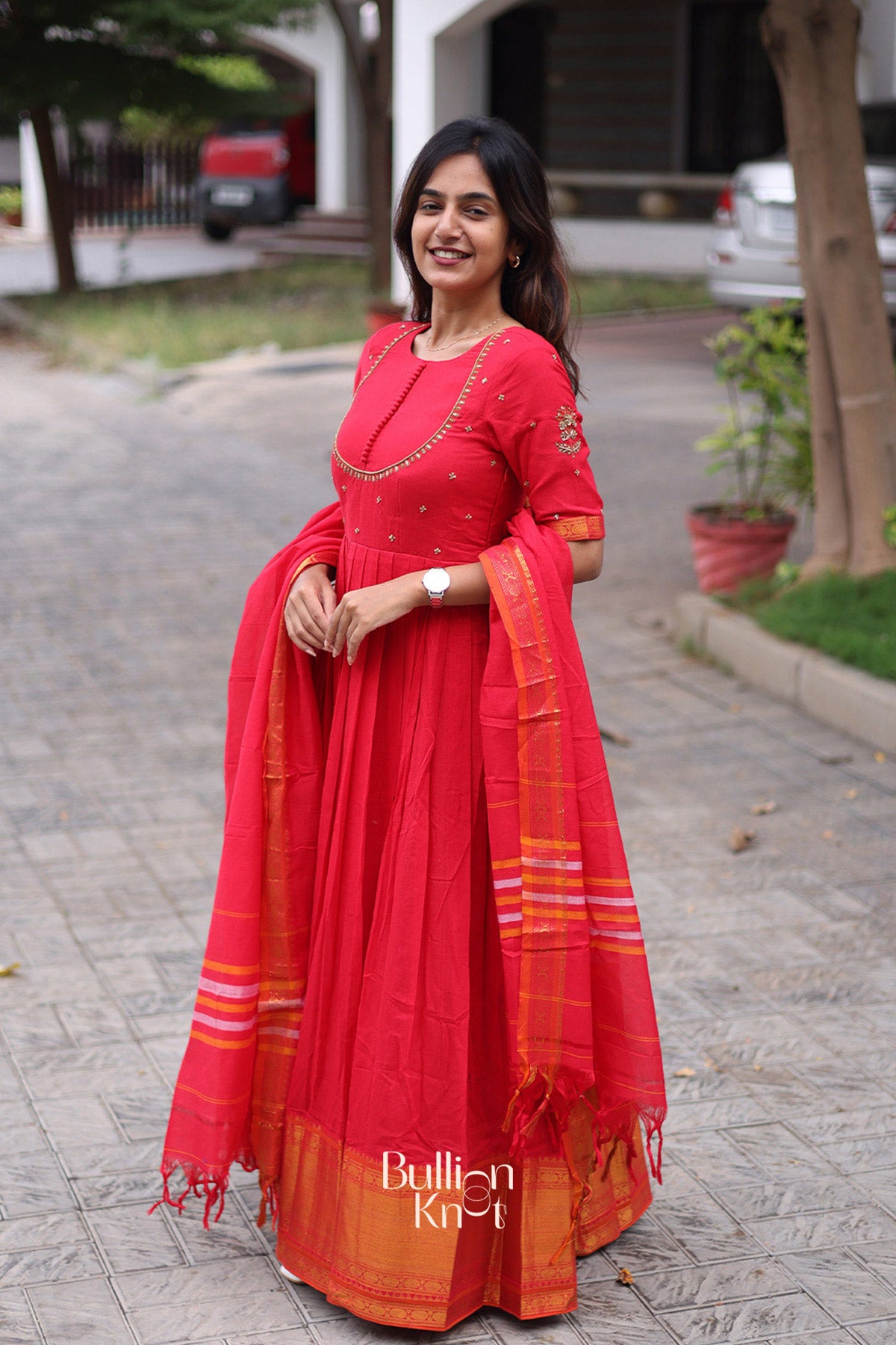 Sutrangi Handloom Anarkali (Dress) in Red