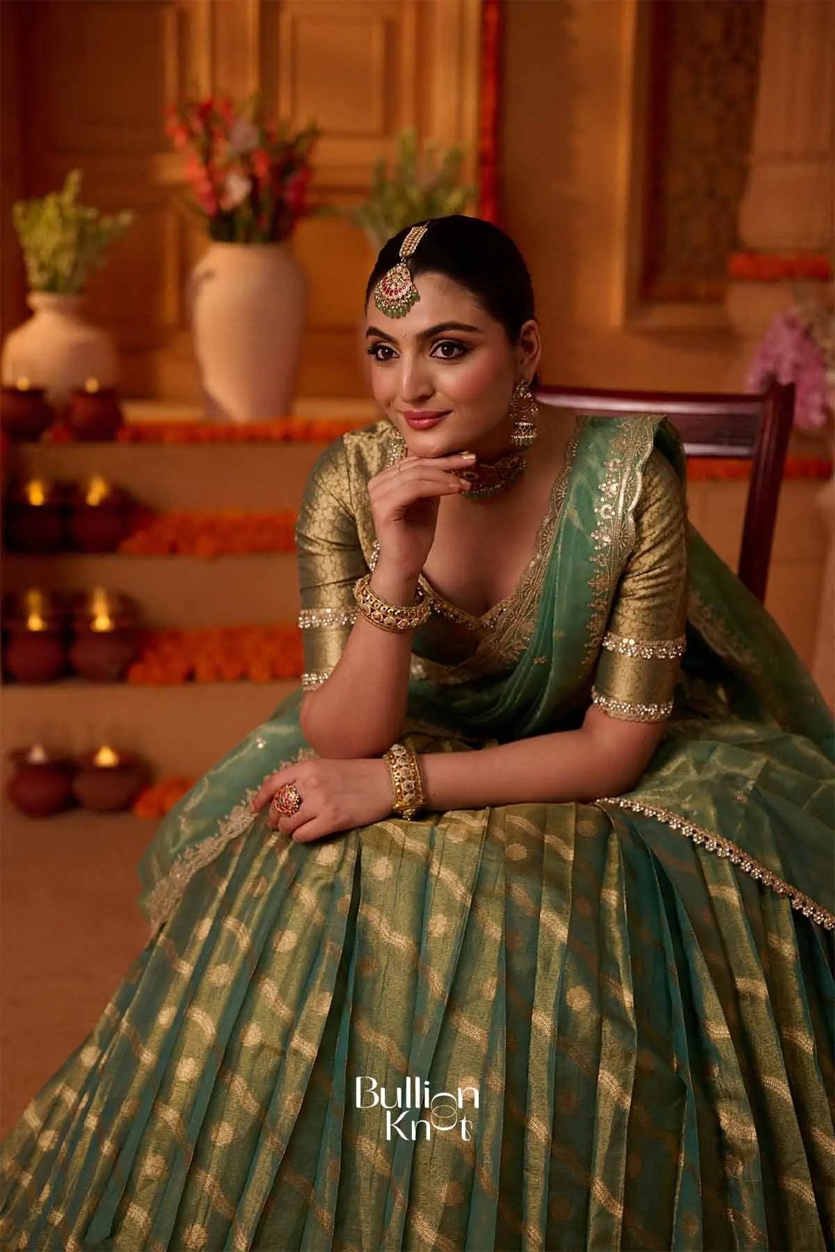 Suvarnadhara | Banarasi Sage Green Half Saree for Engagements