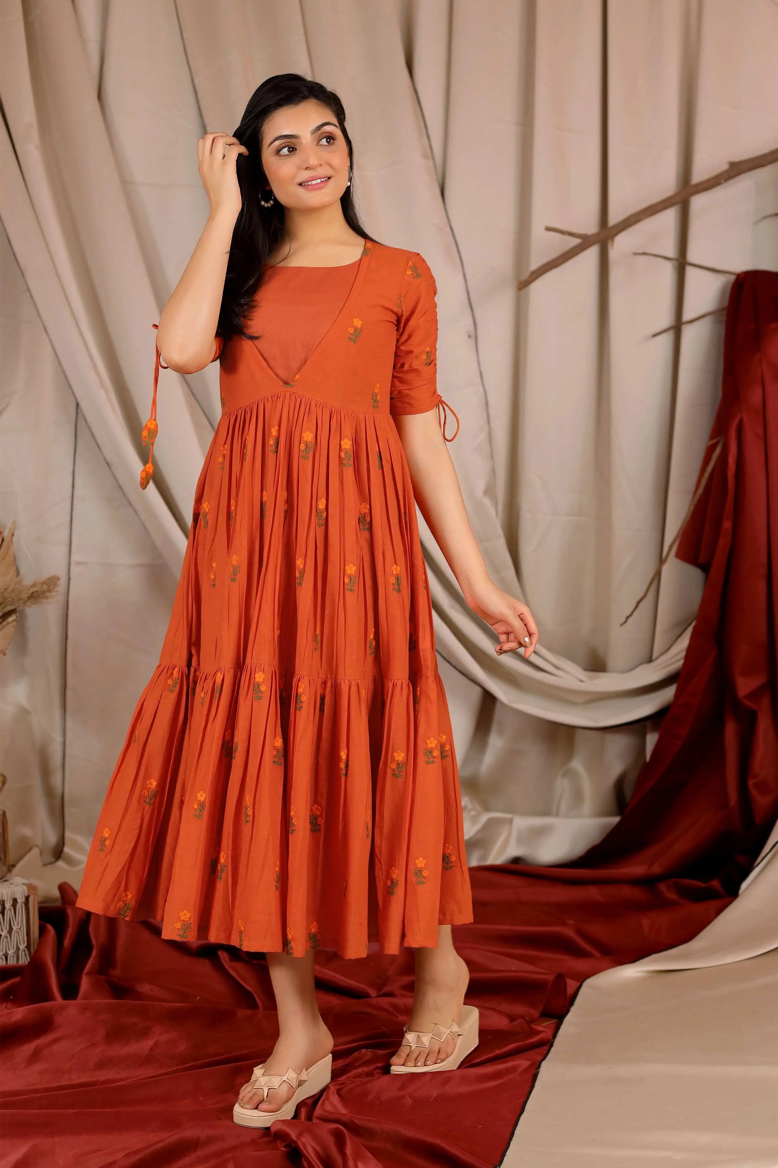 orange Tangerine Cotton Midi Dress in Yam - Bullionknot