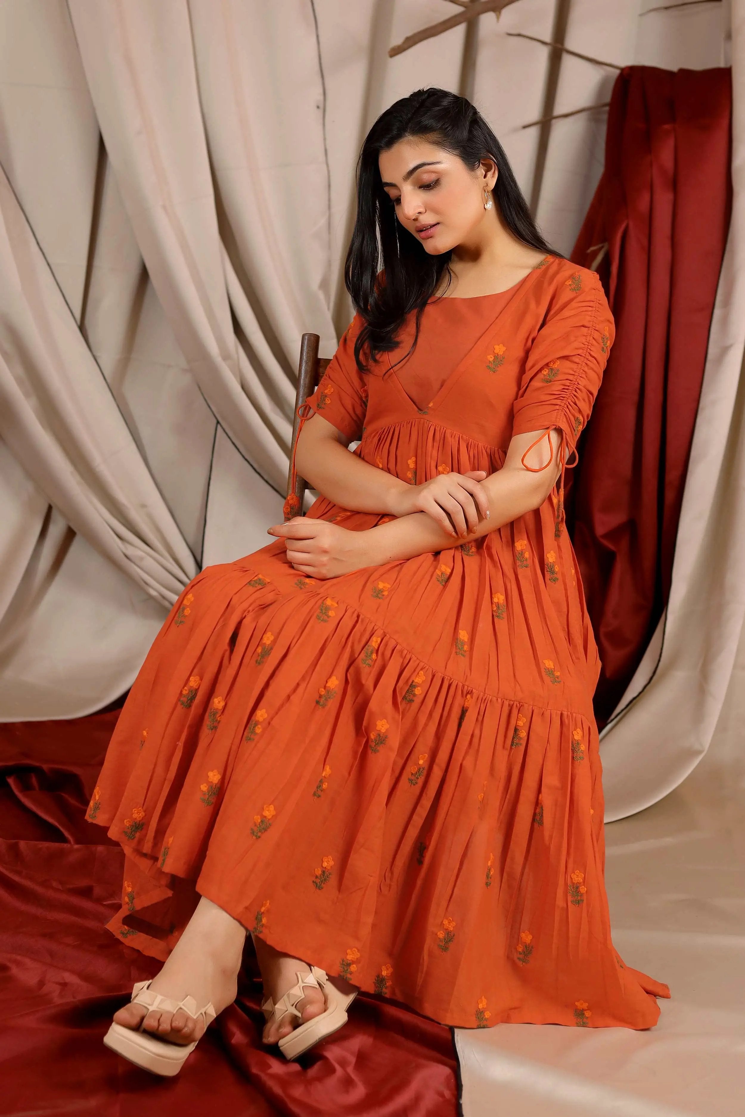 a woman in yam Tangerine Cotton Midi Dress in Yam - Bullionknot