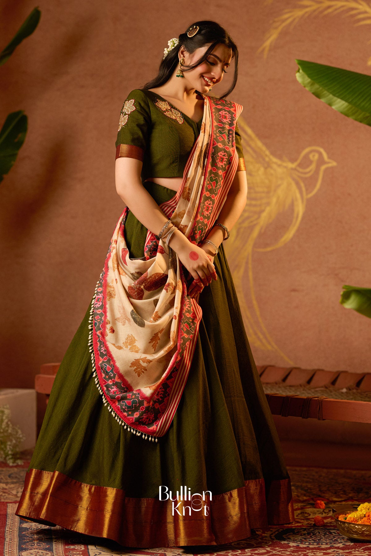 Tithi Handloom Half saree in Mehendi