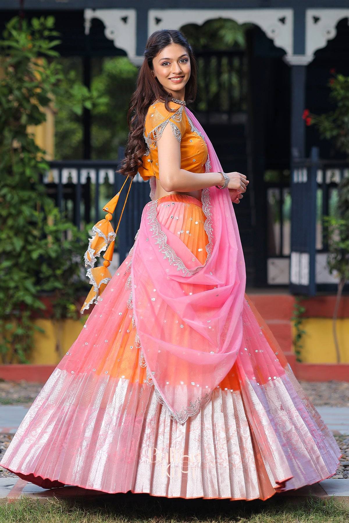 Tyohar Organza Orange Lehenga Set