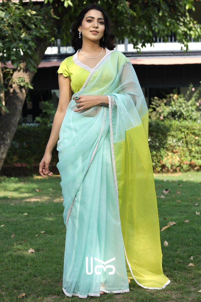 Unicorn Lime Organza Saree in Aqua