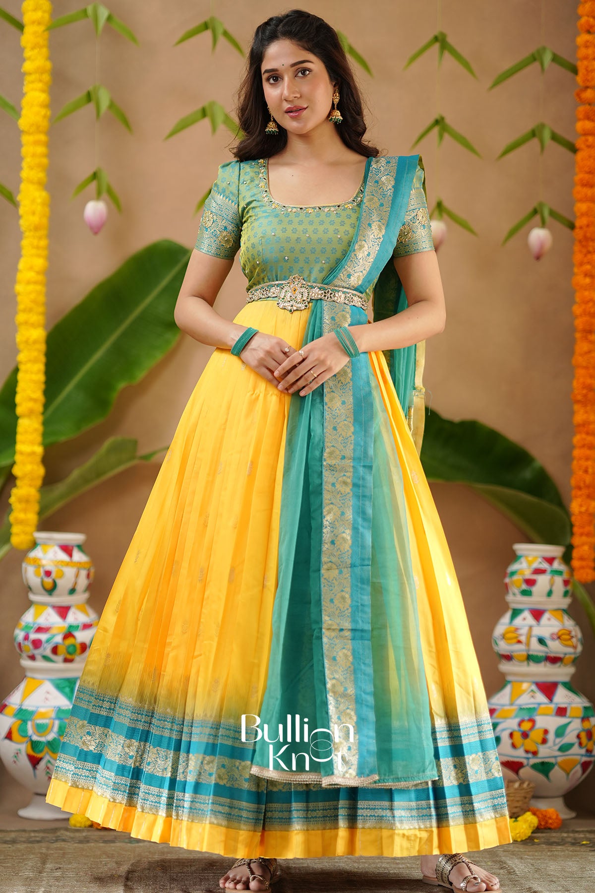 Yogita Banarasi Silk Pattu Yellow Anarkali Dress With Dupatta
