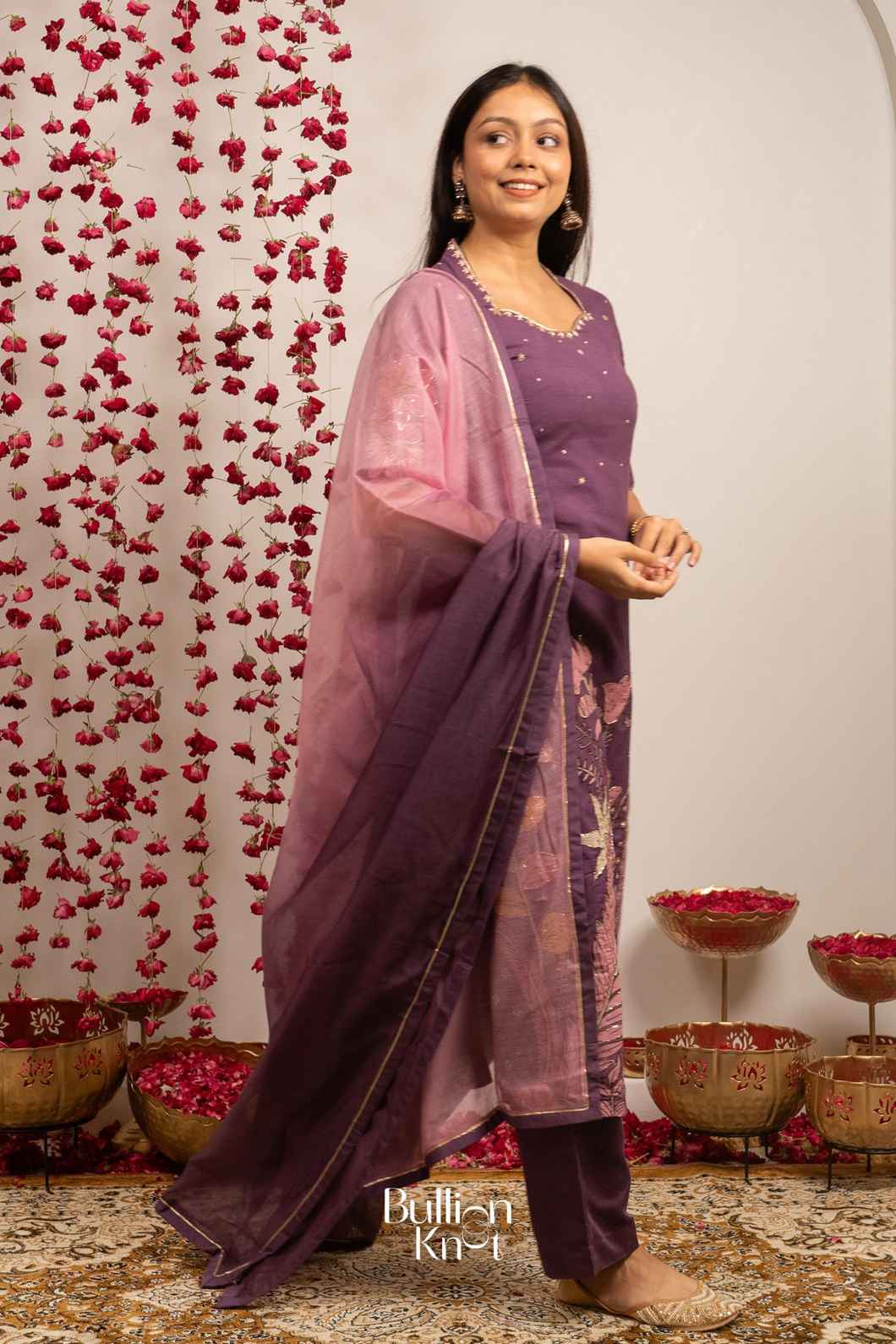 zaribaag Pan Kalamkari Dark Onion Suit Set for Elegant Looks