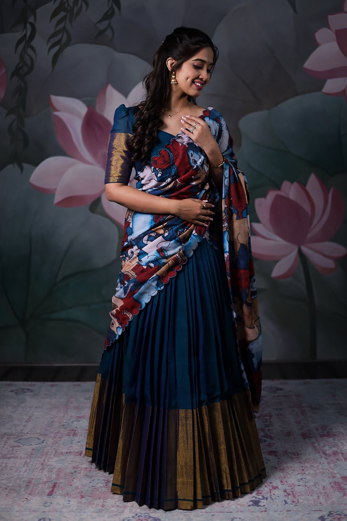 a model with dark blue Ahalya Handloom Lehenga set with cotton dupatta from Bullionknot