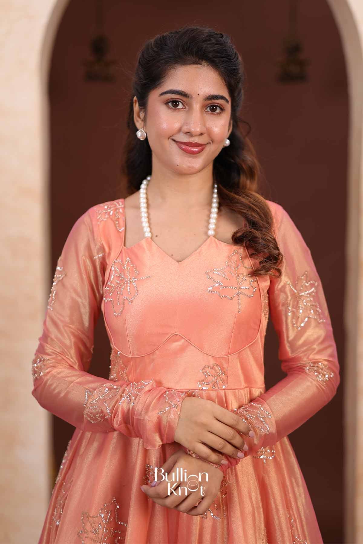 Autumn Leaf | Tissue Silk Silver Embroidered Peach Coral Indo-Western Anarkali Gown for Engagement