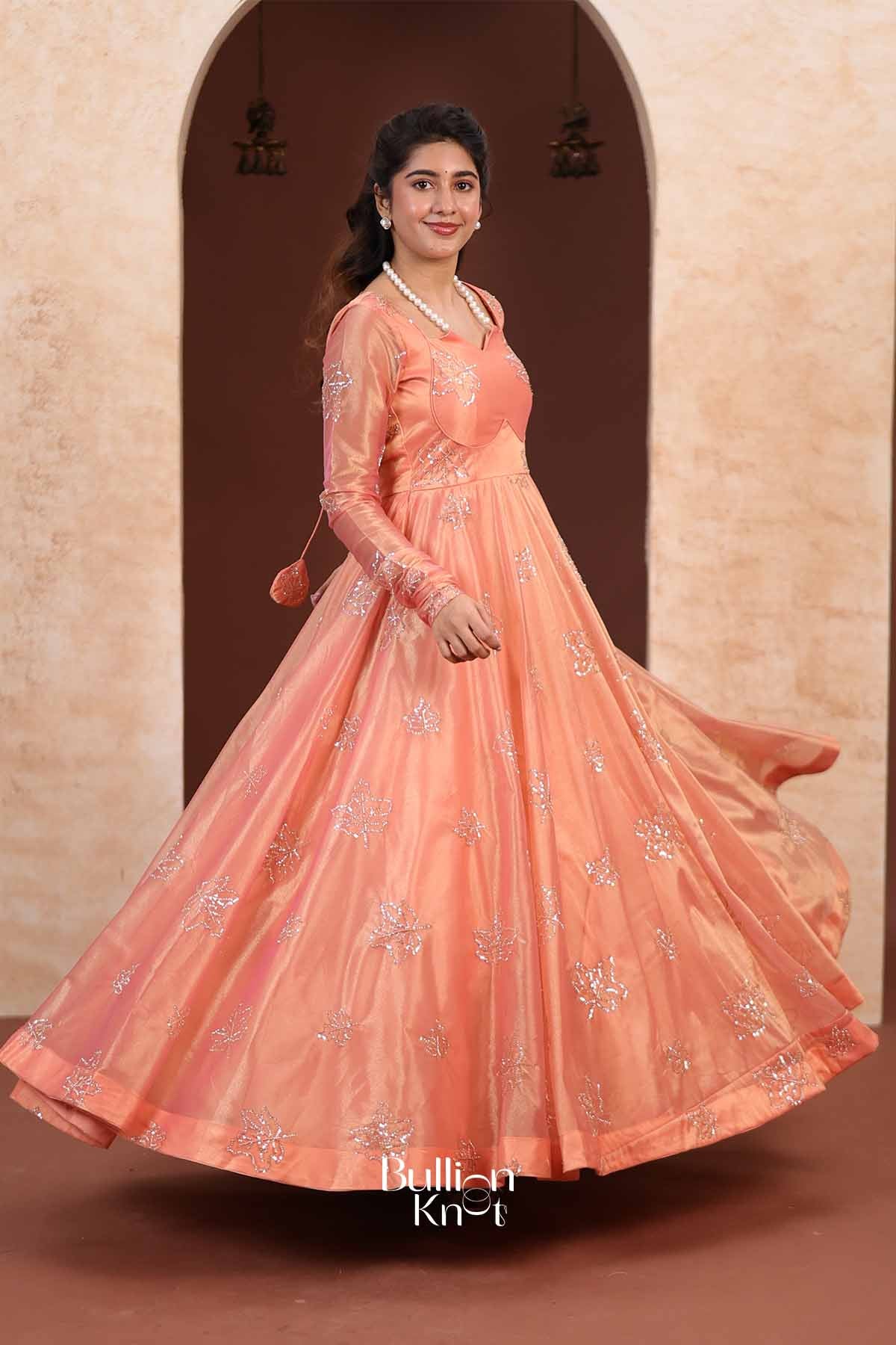 Autumn Leaf | Tissue Silk Silver Embroidered Peach Coral Indo-Western Anarkali Gown for Engagement