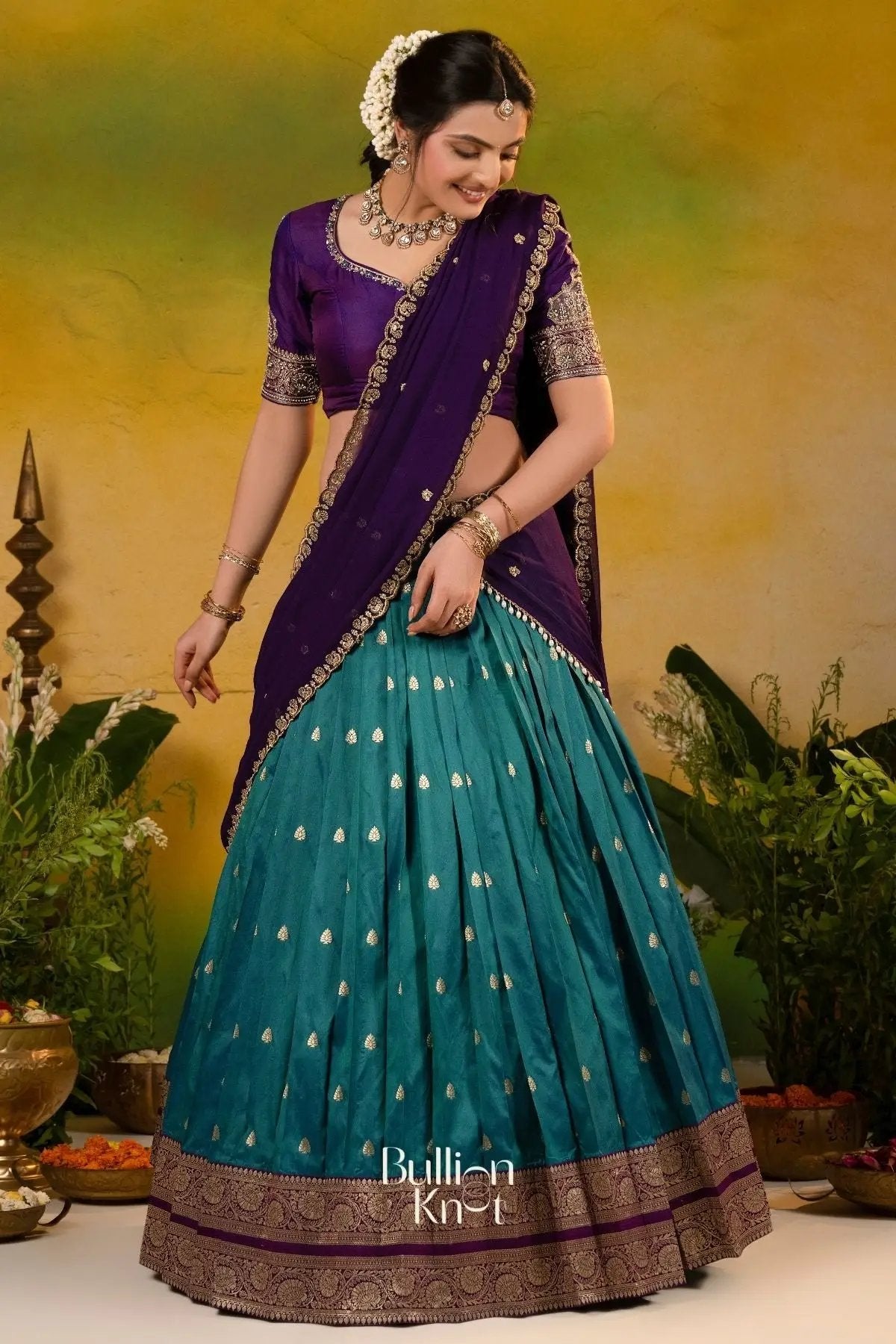 Megh rangini Soft Silk Peacock blue Lehenga Set