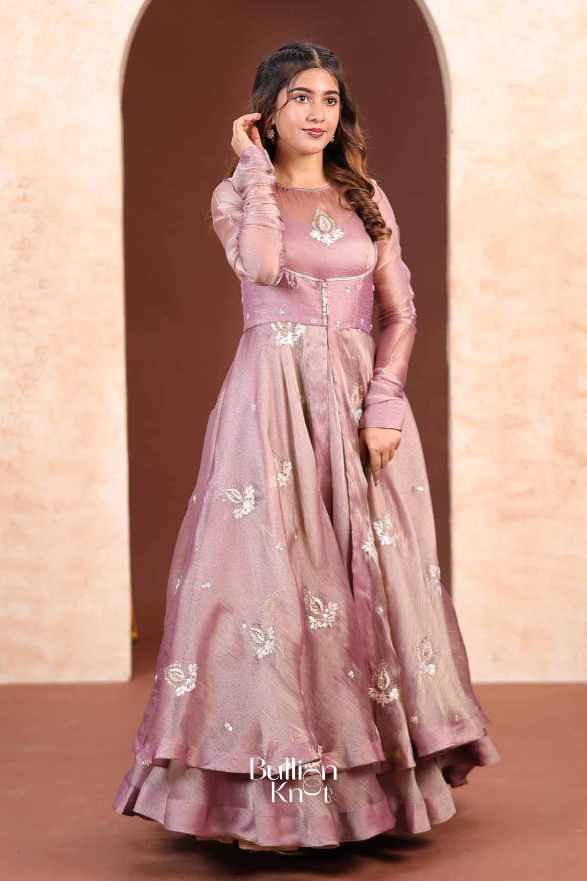 Cecilia | Tissue Silk Handcrafted Floral Embroidered Mauve Purple Indo-Western with Jacket for Receptions