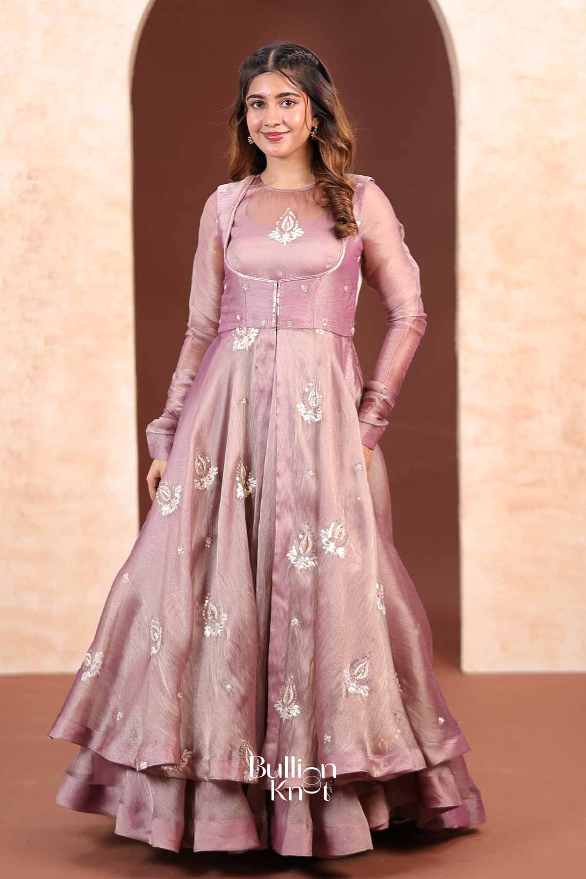 Cecilia | Tissue Silk Handcrafted Floral Embroidered Mauve Purple Indo-Western with Jacket for Receptions