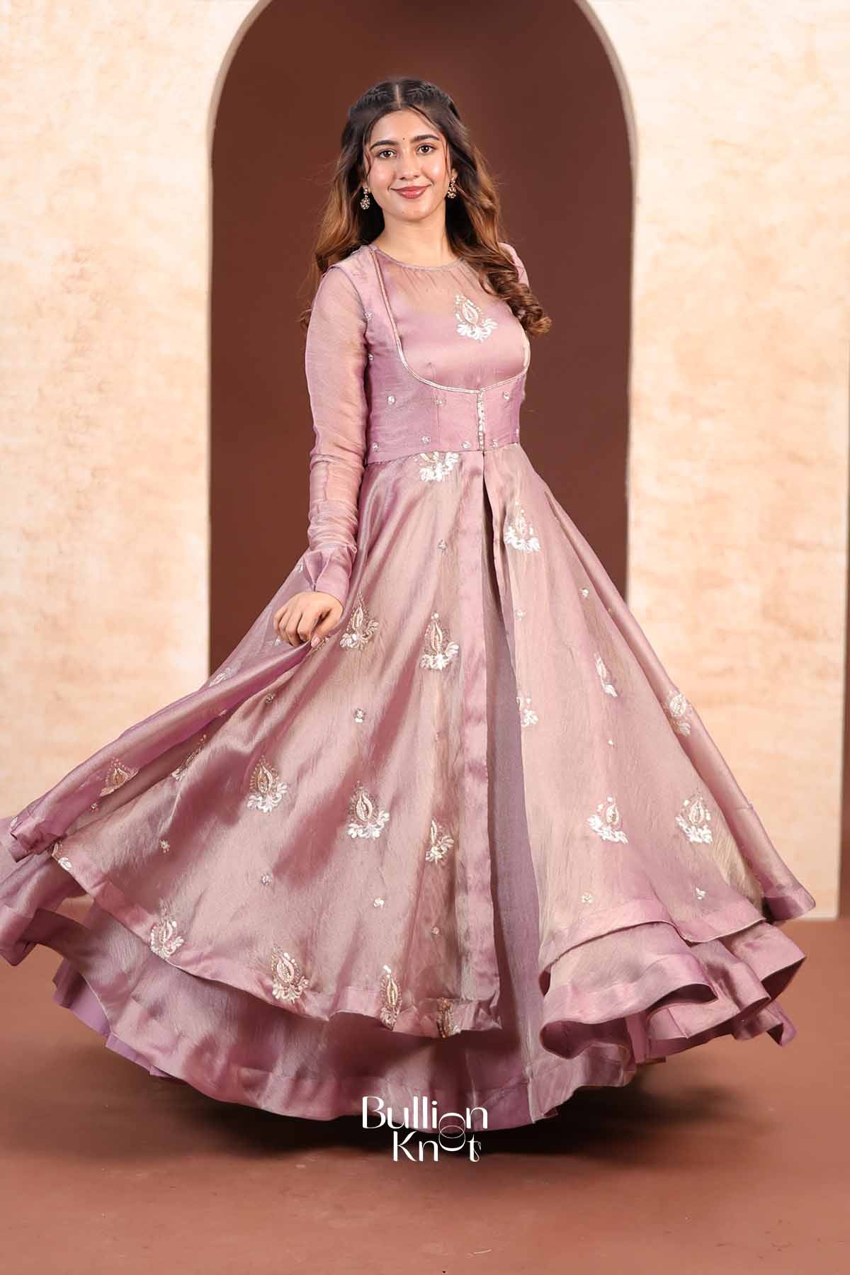 Cecilia | Tissue Silk Handcrafted Floral Embroidered Mauve Purple Indo-Western with Jacket for Receptions