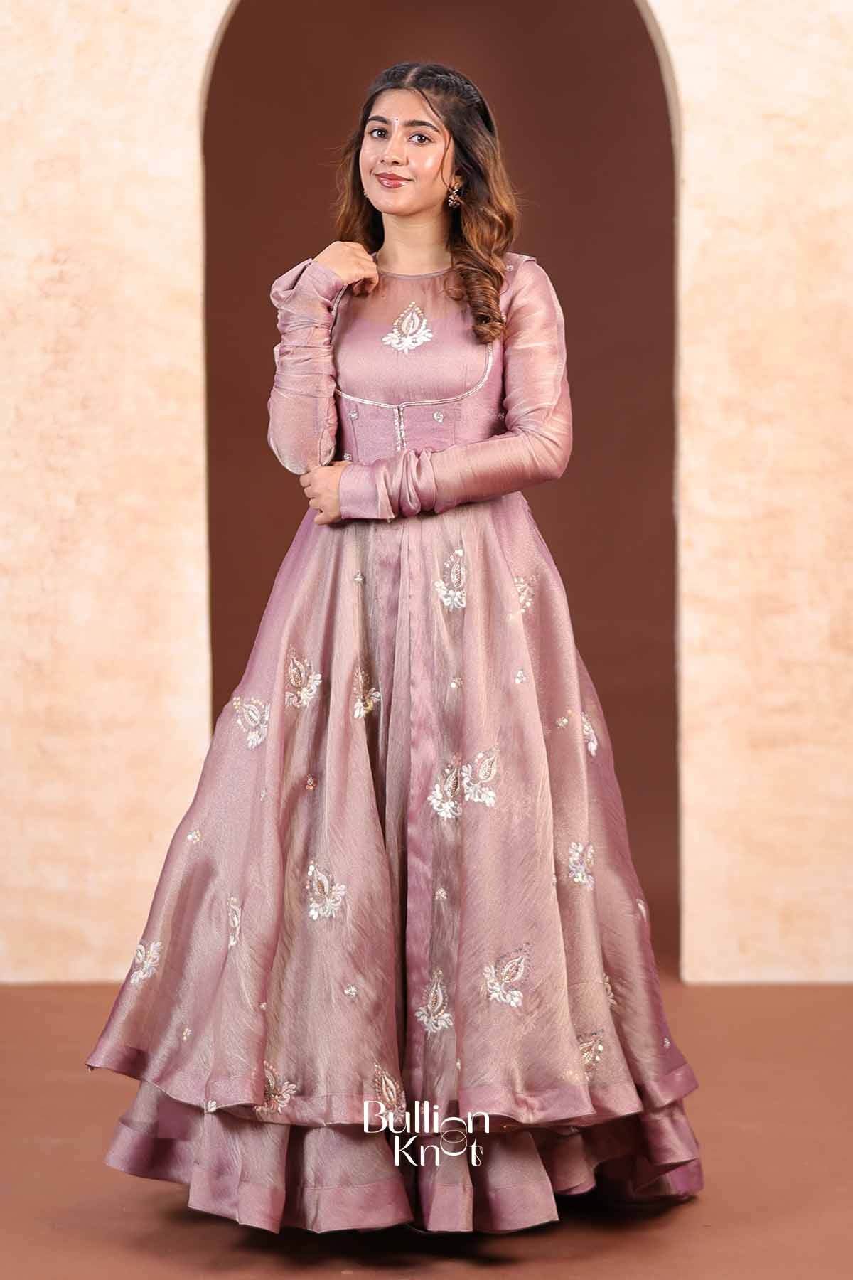 Cecilia | Tissue Silk Handcrafted Floral Embroidered Mauve Purple Indo-Western with Jacket for Receptions