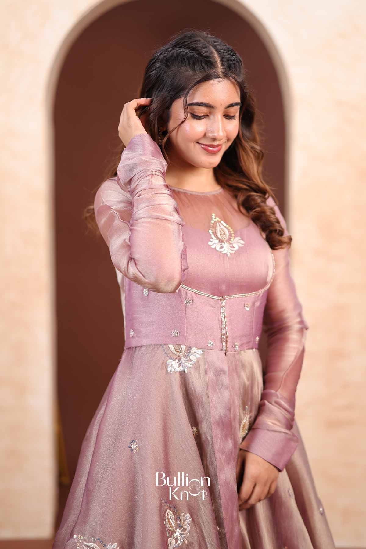 Cecilia | Tissue Silk Handcrafted Floral Embroidered Mauve Purple Indo-Western with Jacket for Receptions