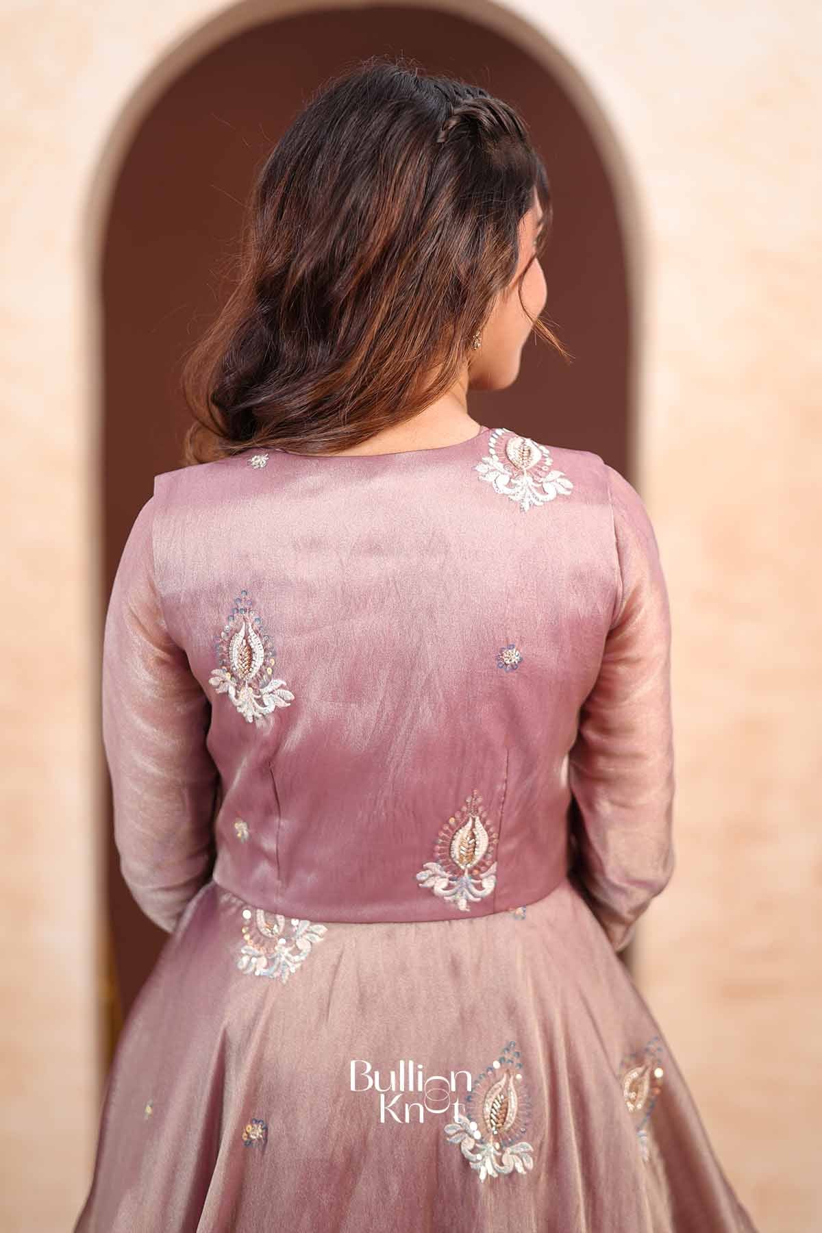 Cecilia | Tissue Silk Handcrafted Floral Embroidered Mauve Purple Indo-Western with Jacket for Receptions