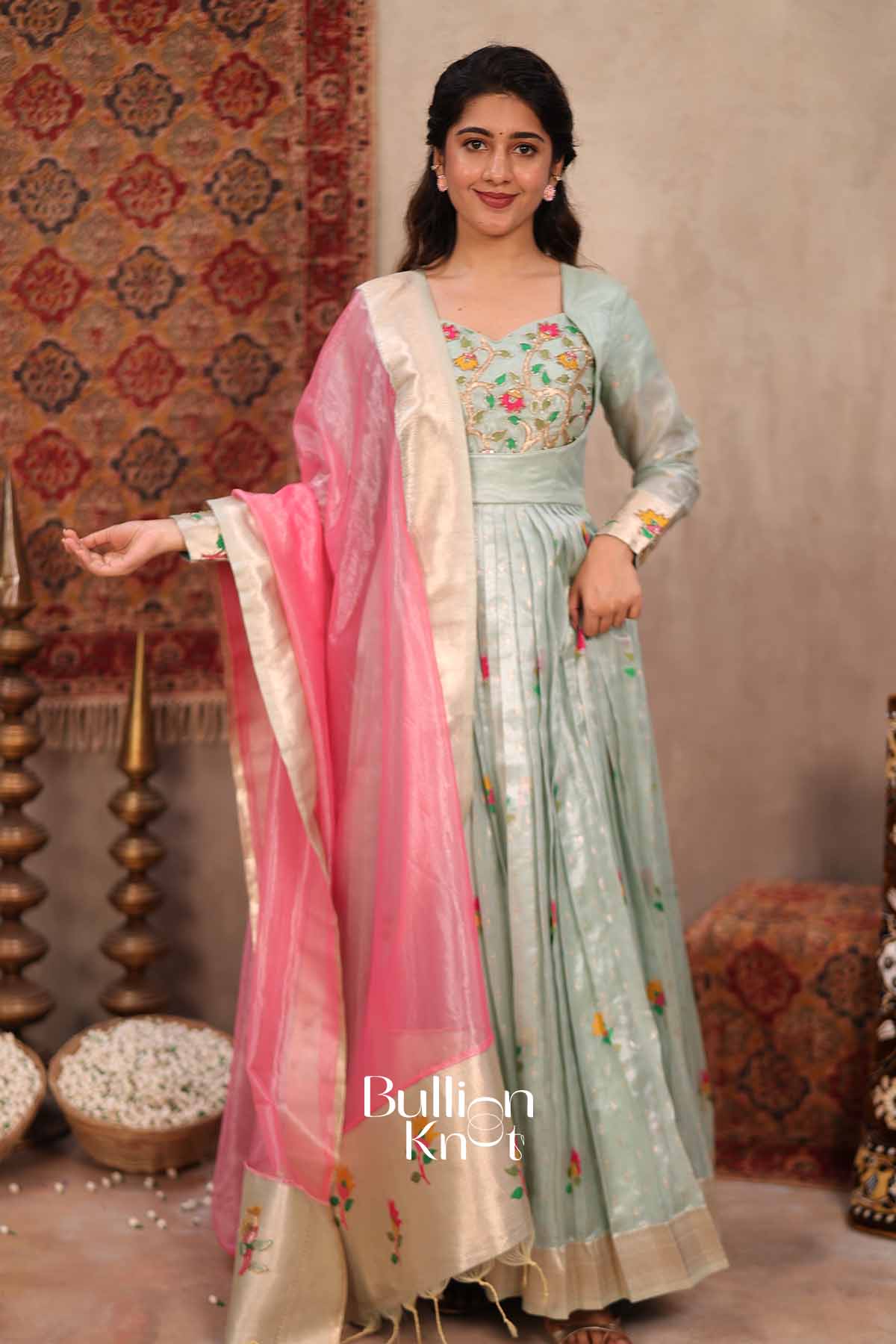 Durga | Sea Green Pattu Dress for Women | Festive Ethnic Wear Anarkali Suit