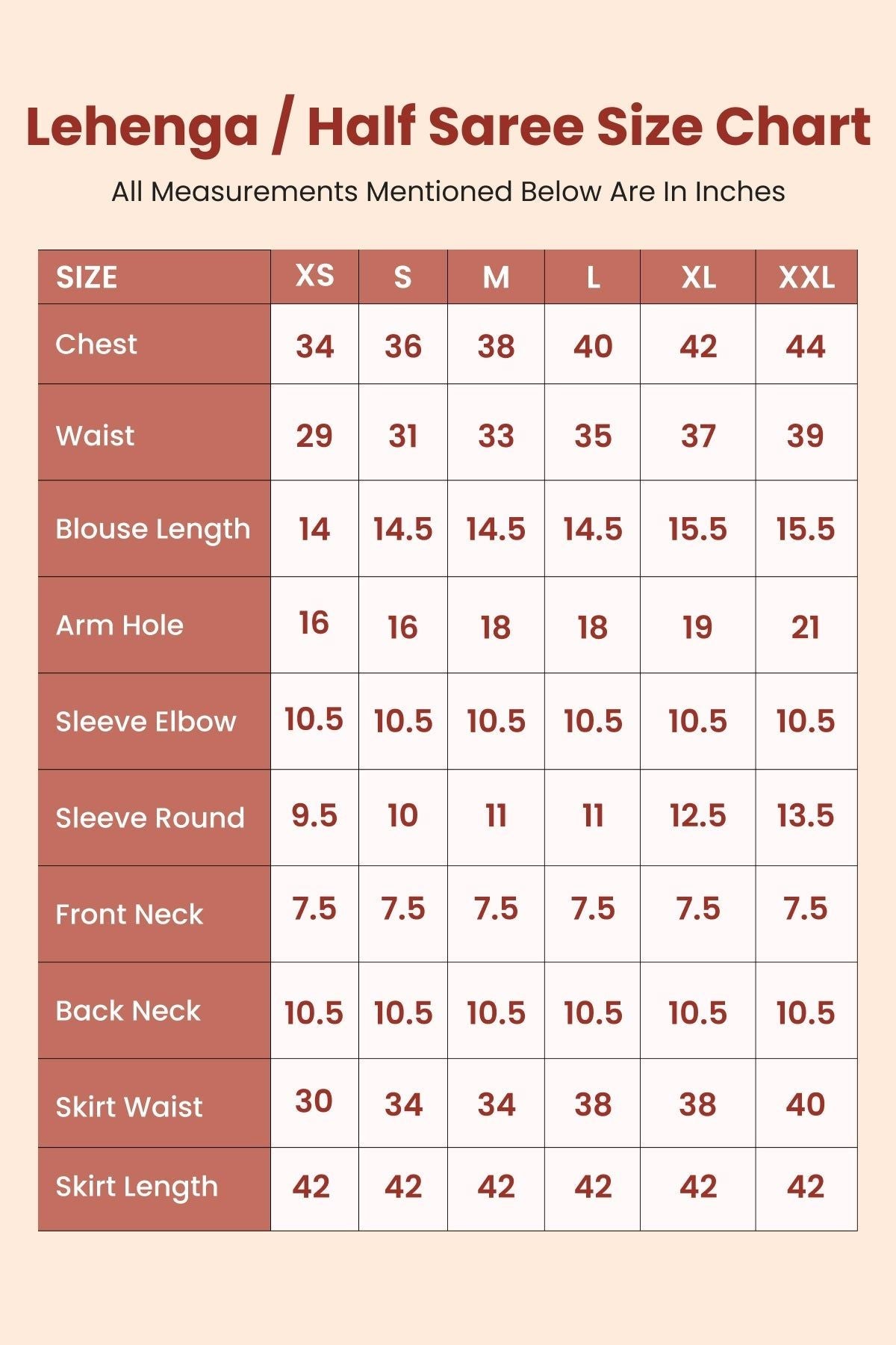 Lehenga size chart with measurements for half saree and traditional clothing