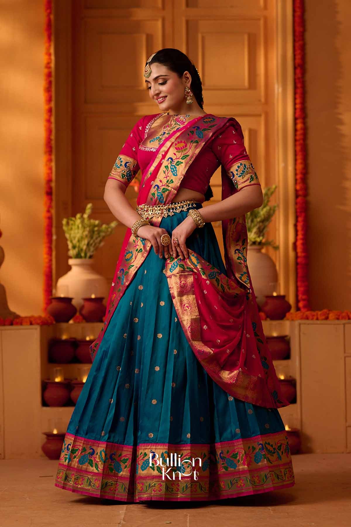 Jwal | Soft Silk Paithani Border Lehenga Set with Rani Pink Dupatta for Festive Celebrations