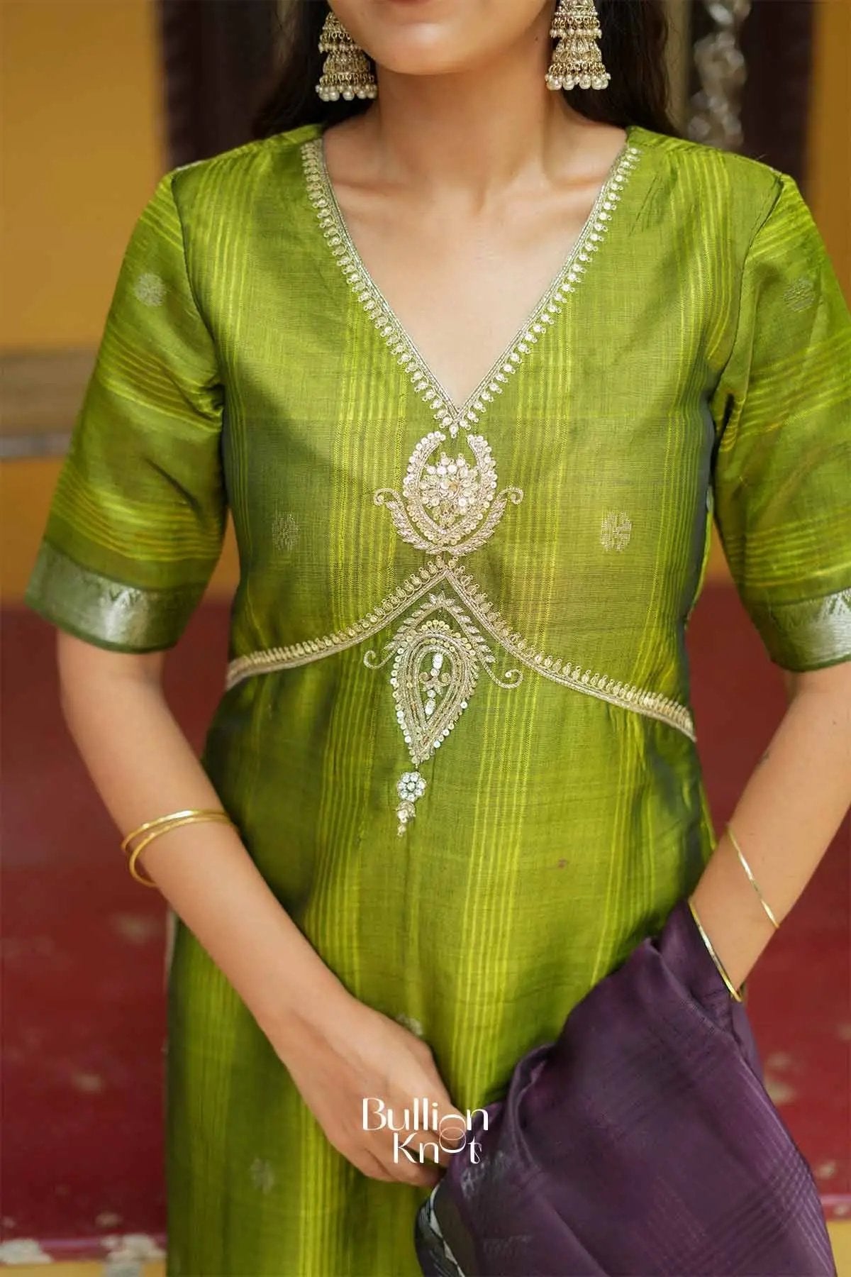 Khyati | Mangalagiri Cotton Silk Parrot Green Suit Set for Festive Celebrations